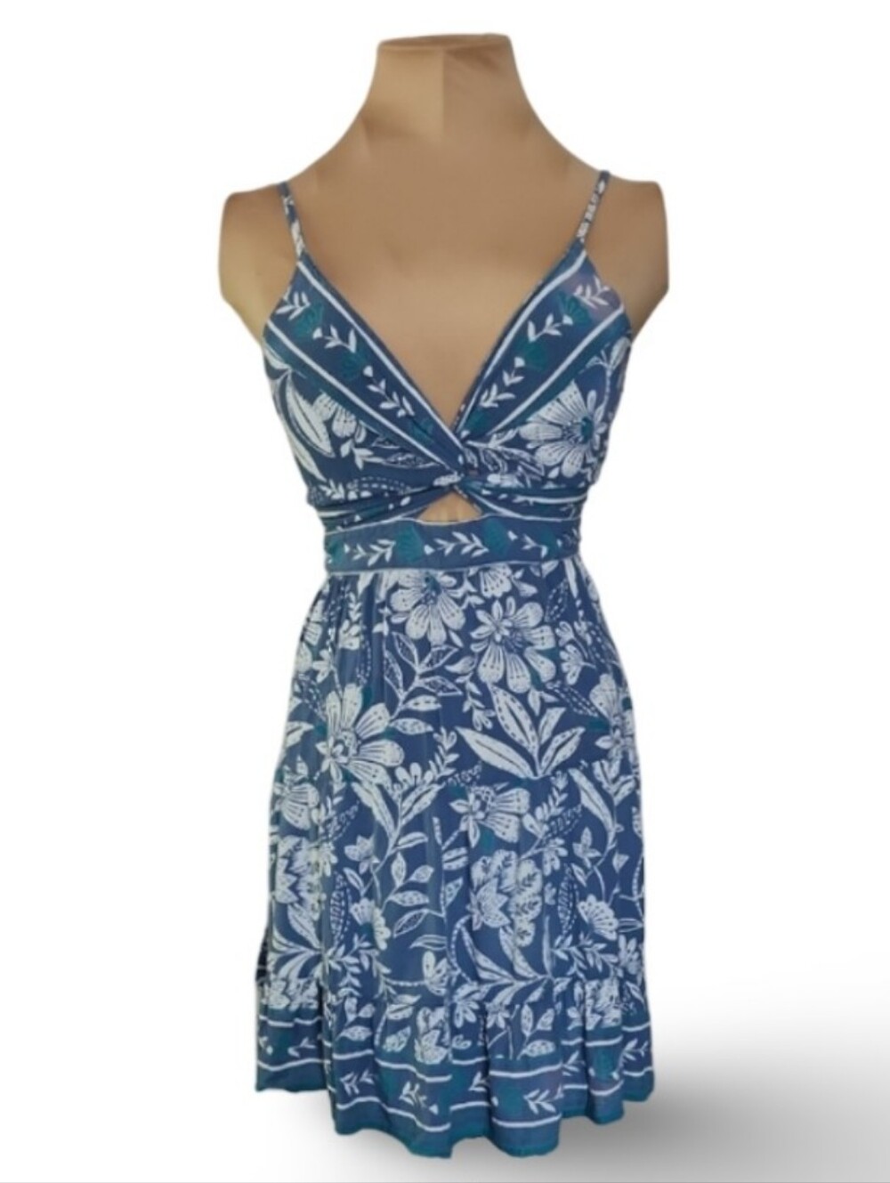 Angie Floral Mini Dress JR L Blue White Boho Cutout Smocked Sundress Cottagecore